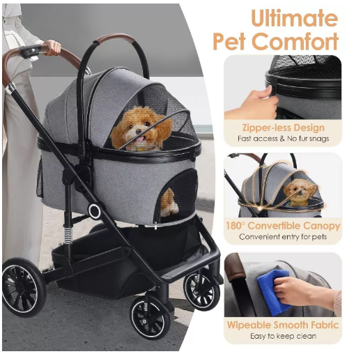 Kinder King 3-in-1 Pet Stroller for Dog, Folding Cat and Dog Stroller with Detachable Cradle