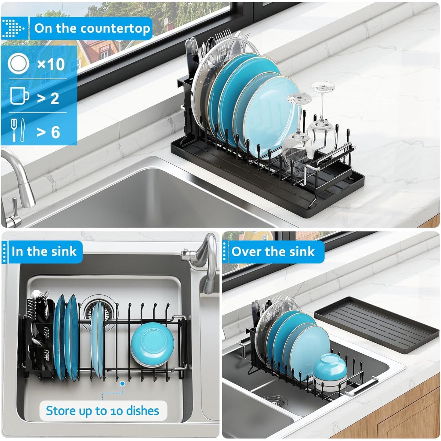 Sink Dish Drying Rack - Expandable Small Dish Rack Over Sinks with Silicone Drying Tray, Dish Drainer for Kitchen Counter with Cutlery Holder, Drying Rack Fit for 14’’-19’’ Kitchen Sink