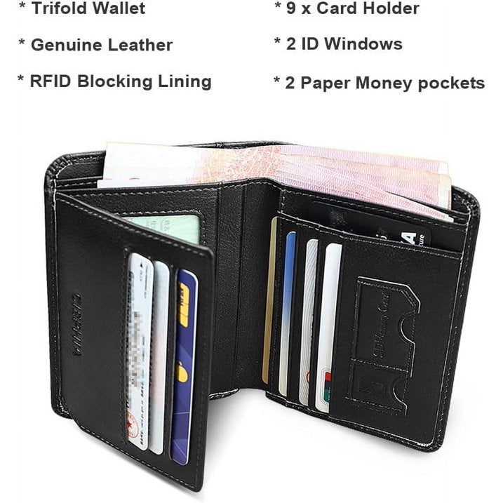 RFID Blocking Trifold Genuine Leather Wallets for Men, Vintage Short Multi Function Credit Card Holder,Money Clips with 2 ID Windows Give Gifts to Men (Black)