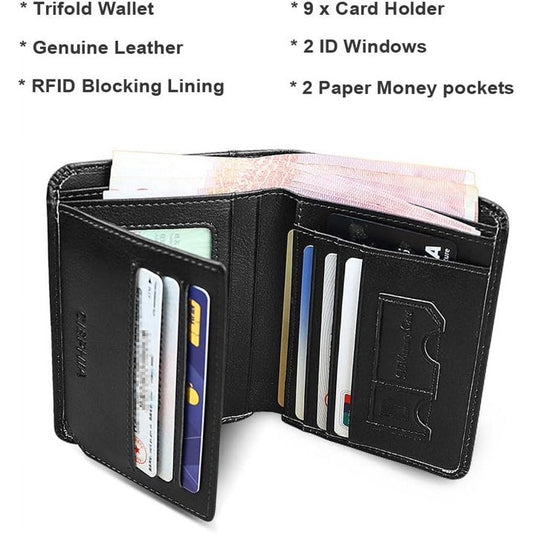 RFID Blocking Trifold Genuine Leather Wallets for Men, Vintage Short Multi Function Credit Card Holder,Money Clips with 2 ID Windows Give Gifts to Men (Black)