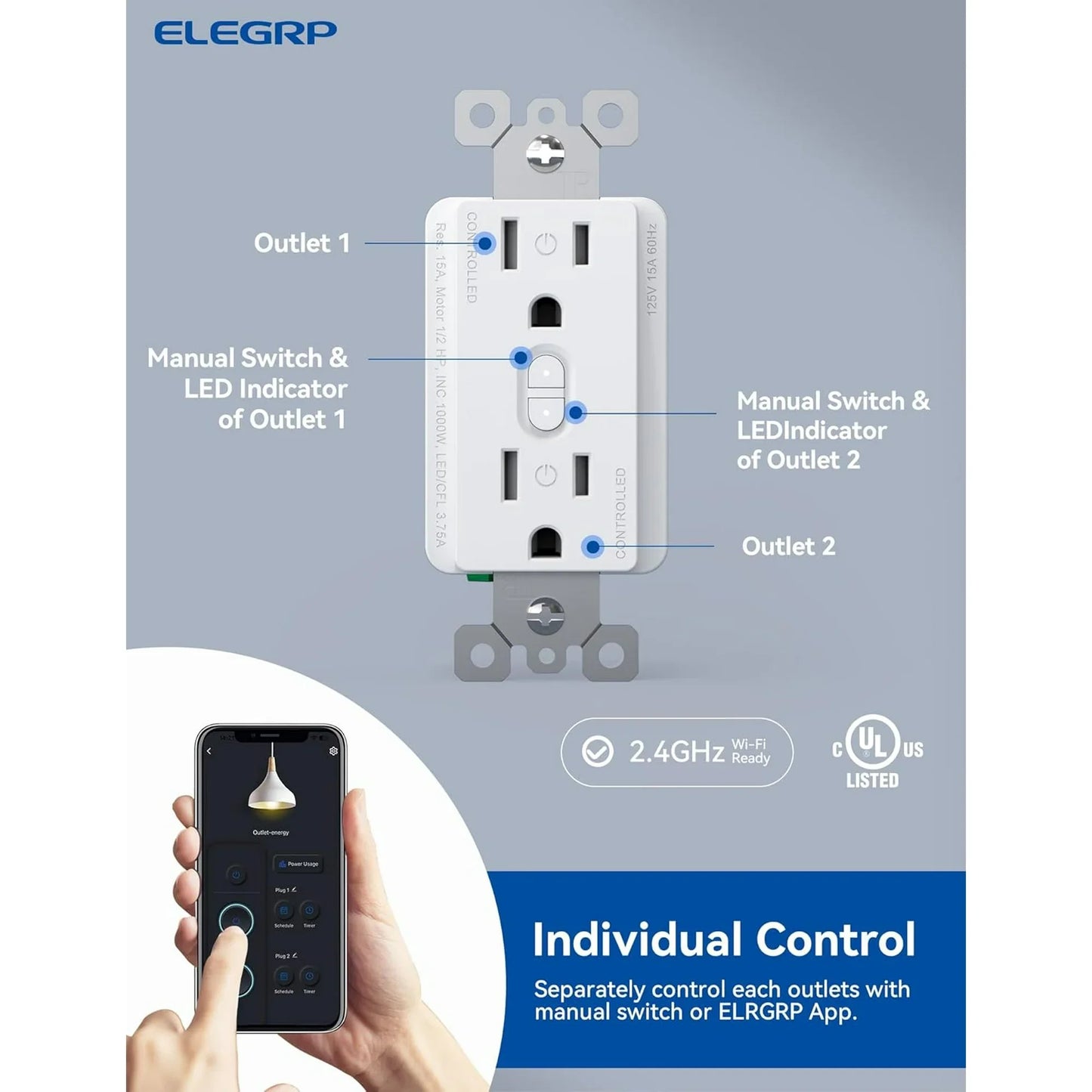 ELEGRP Smart in Wall Outlet, 2.4GHz Wi-Fi Smart Receptacle Compatible with Alexa & Google Assistant,Tamper Resistant, 2 Individual Controlled Outlets, No Hub Required, UL Listed, White 1 PC