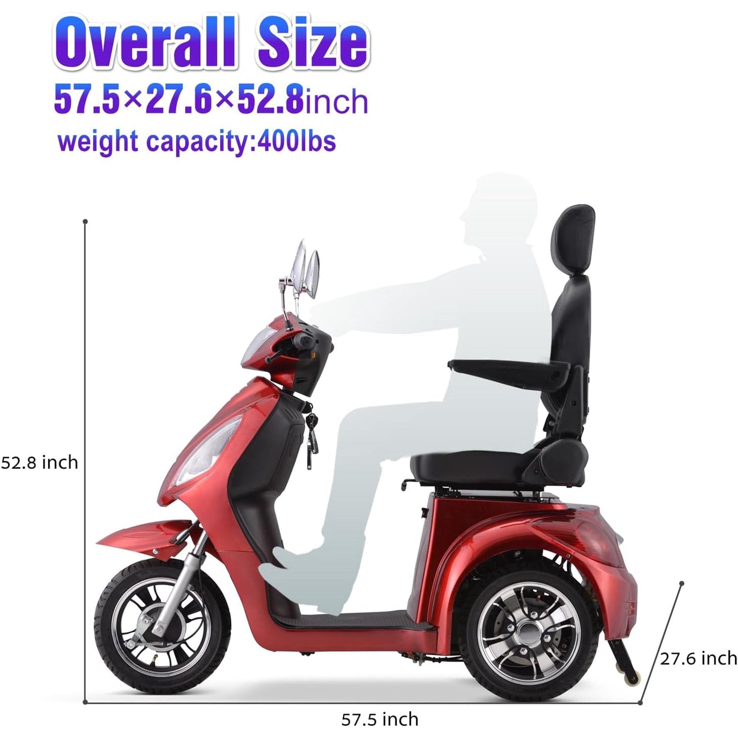 Super Large Electric 3 Wheel Mobility Scooters, Heavy Duty 800W Wheelchair Device, 500 LBS Capacity for Seniors  Adults, Speed Adjust, Remote Key, Receive Ready to Ride.（Red）