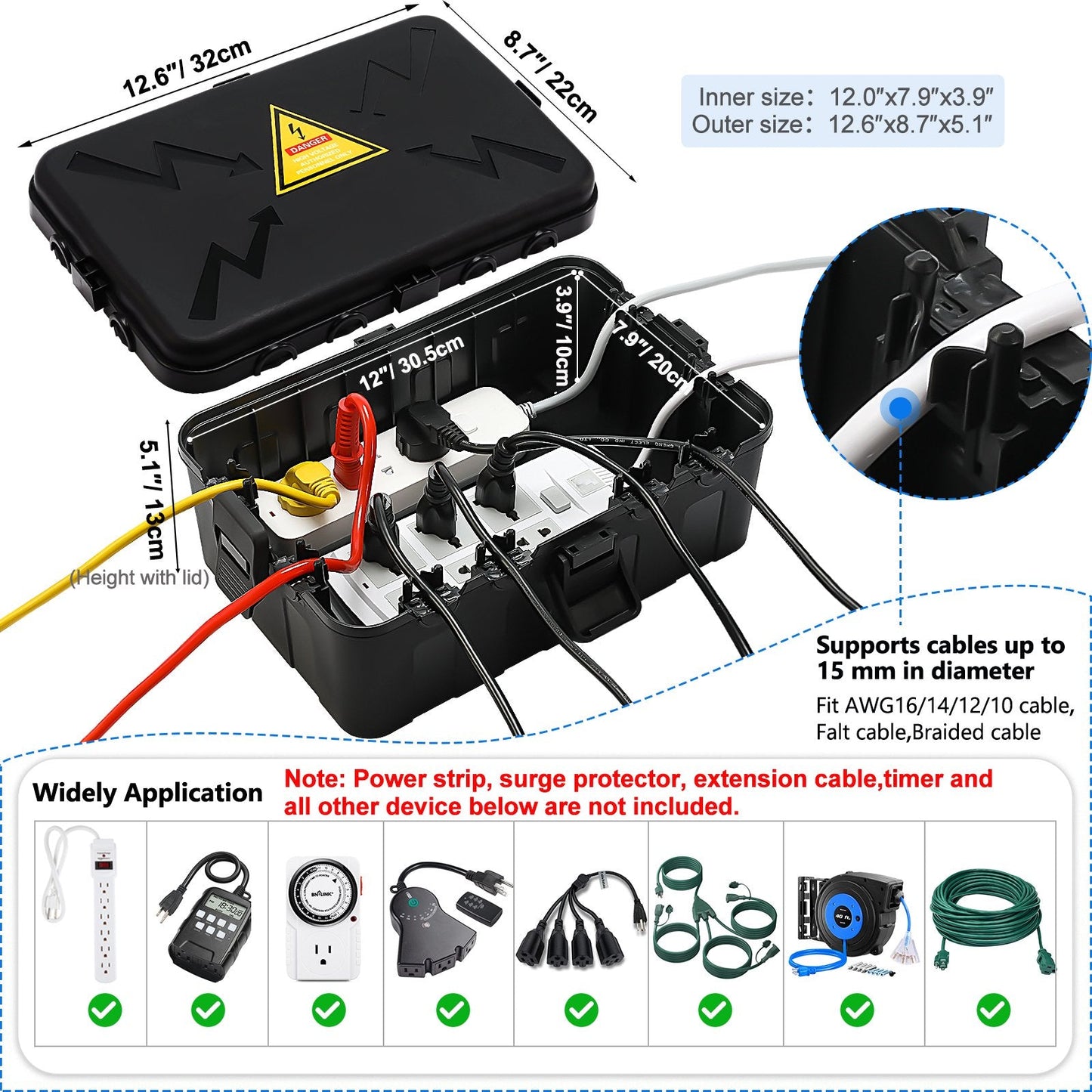 PhiloDeco Large Outdoor Electrical Box (13.7*9.5*5.5 inch), IP54 Waterproof Extension Cord Cover Weatherproof, Protect Outlet, Plug, Socket, Timer, Power Strip, Holiday Light Decoration, Black