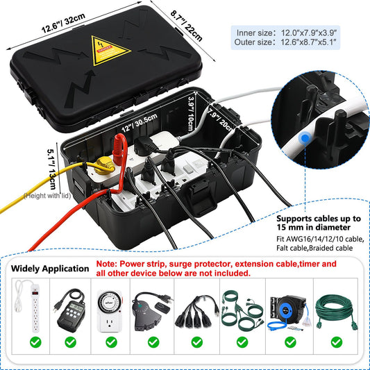 PhiloDeco Large Outdoor Electrical Box (13.7*9.5*5.5 inch), IP54 Waterproof Extension Cord Cover Weatherproof, Protect Outlet, Plug, Socket, Timer, Power Strip, Holiday Light Decoration, Black