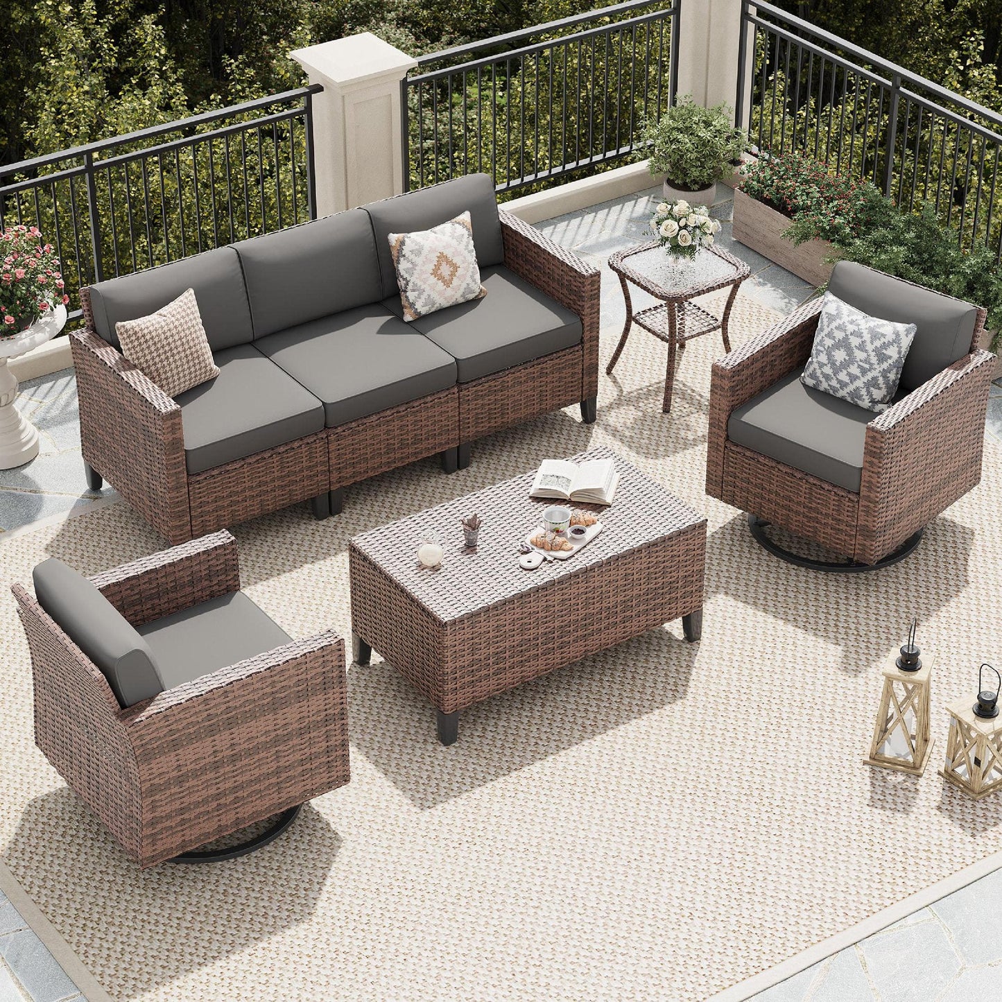 UDPATIO Patio Furniture Set, 7 Pieces Outdoor Furniture Sets with Rocking Swivel Chairs, Wicker Rattan Outdoor Conversation Set with Storage Table and Waterproof Covers for Backyard, Deck, Porch