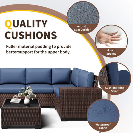 UDPATIO 6-Piece Patio Furniture Set, Outdoor Patio Sofa Set With Wide Armrest, All-Weather Wicker Rattan Guest Set With Cushion And Glass Table And Waterproof Cover, Brown & Navy Blue