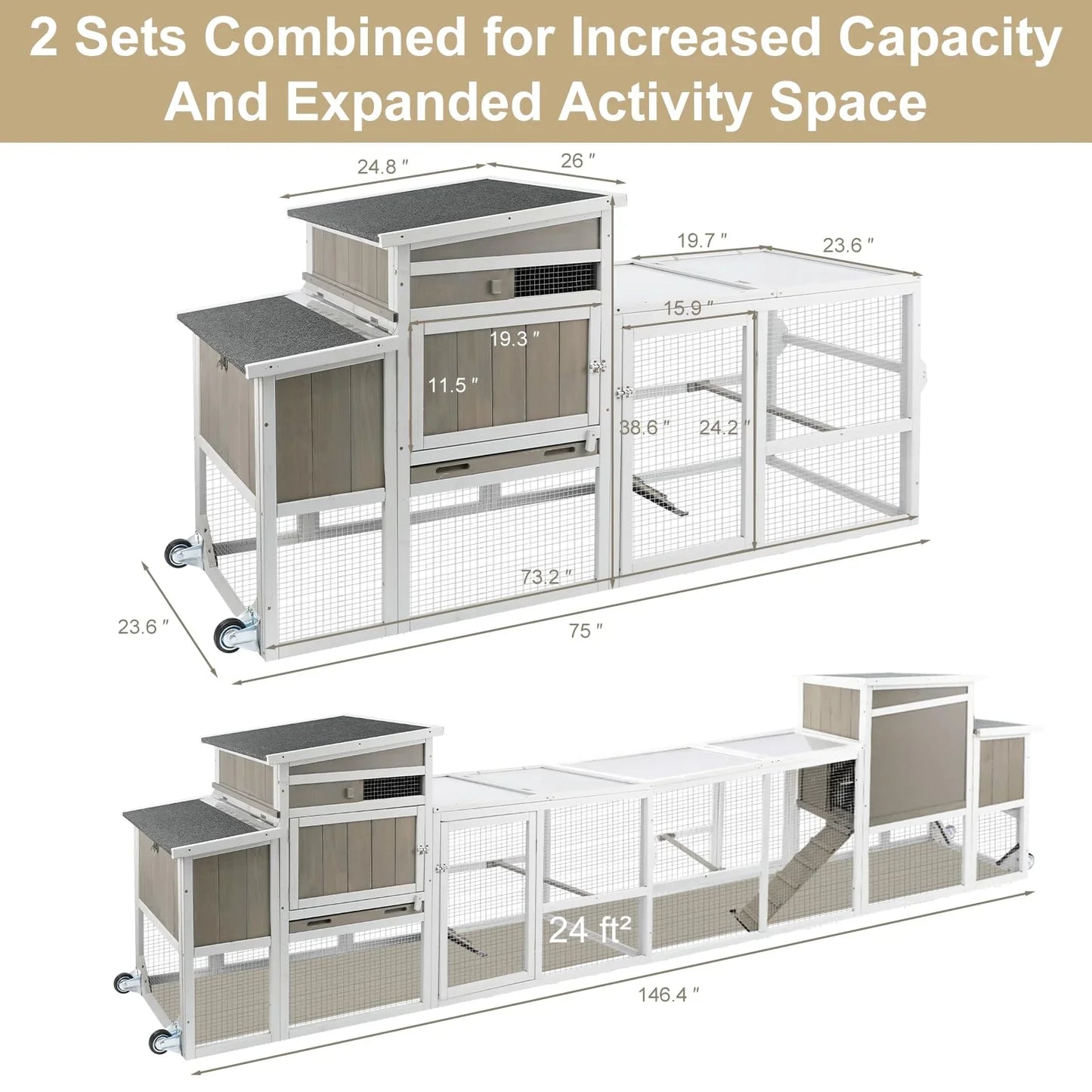 PETSCOSSET Chicken Coop Chicken House Outdoor with 3 Perches, Nesting Box and Removable Tray Hen House Rabbit Hutch Chicken Poultry Cage with Ramp Run for Garden Backyard