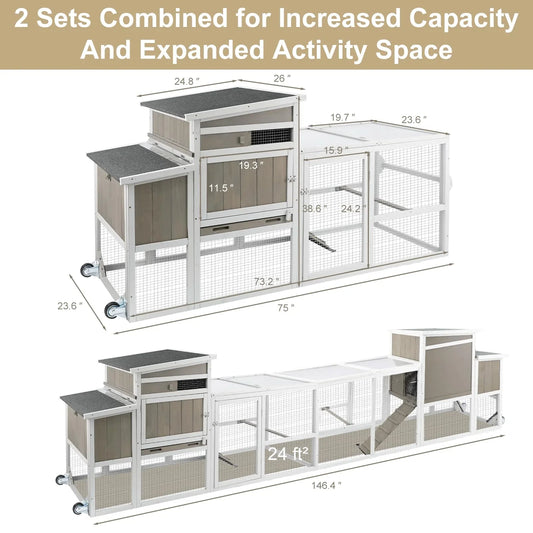 PETSCOSSET Chicken Coop Chicken House Outdoor with 3 Perches, Nesting Box and Removable Tray Hen House Rabbit Hutch Chicken Poultry Cage with Ramp Run for Garden Backyard
