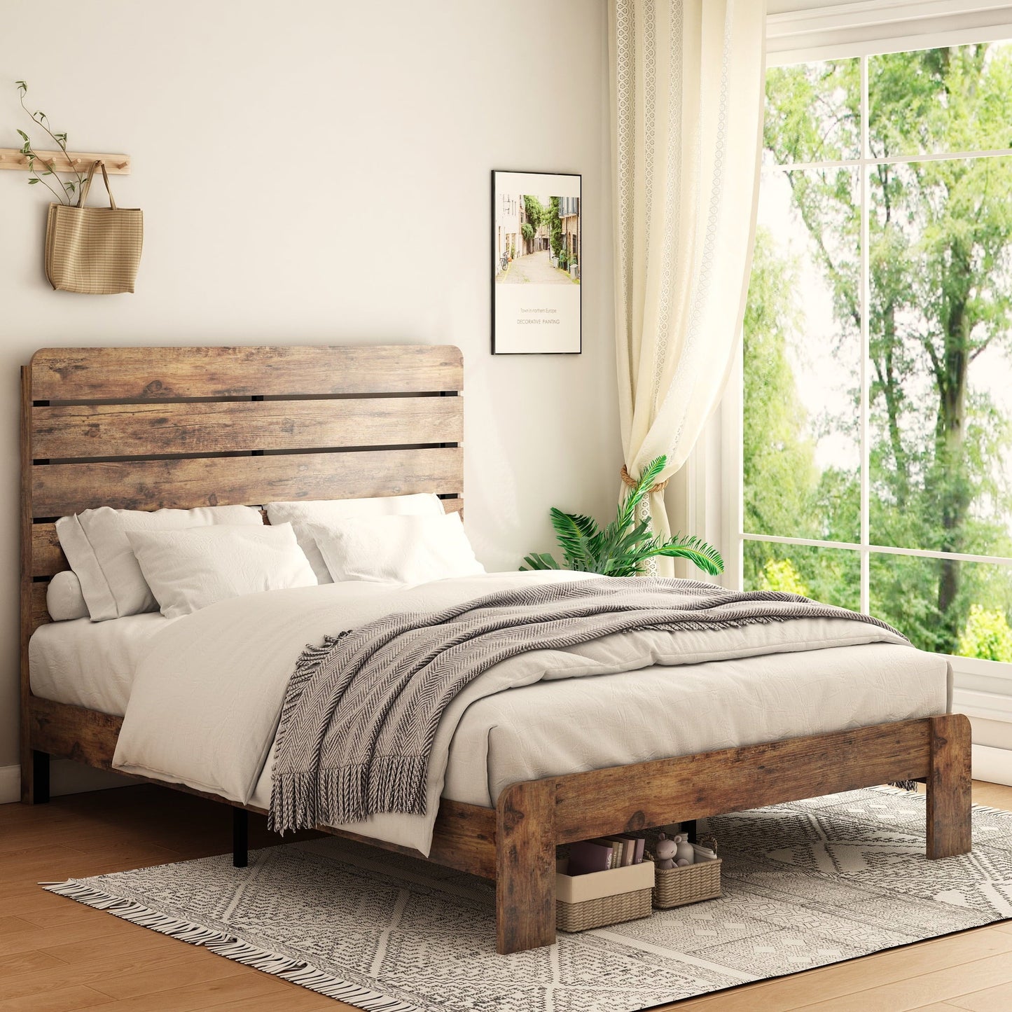PAPROOS Full Size Bed Frame, Rustic Wood Platform Bed with Headboard, Modern Farmhouse Style Full Bed Frame No Box Spring Needed, Dark Brown