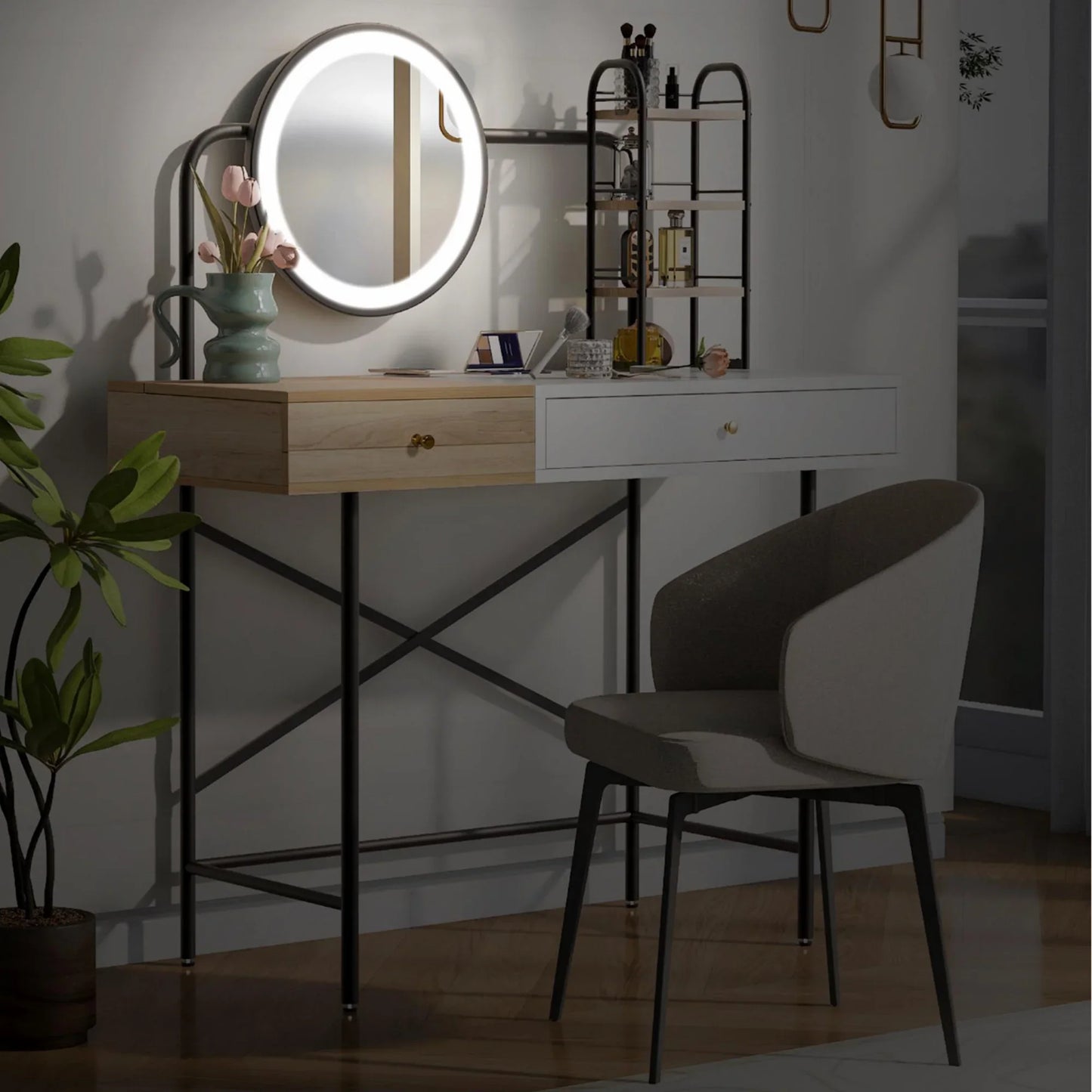 ENYOPRO Makeup Vanity Table with 3-Mode Lighted Mirror & Wireless Charging Station, Modern Makeup Desk, Dressing Table with Drawer & 3 Open Shelves, White