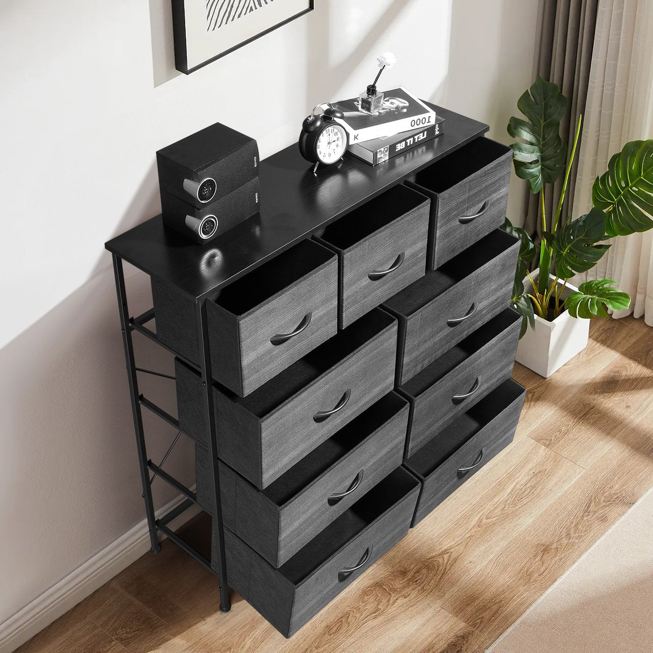 PAPROOS Fabric Dressers for Bedroom, 9 Drawer, Black Wood Grain