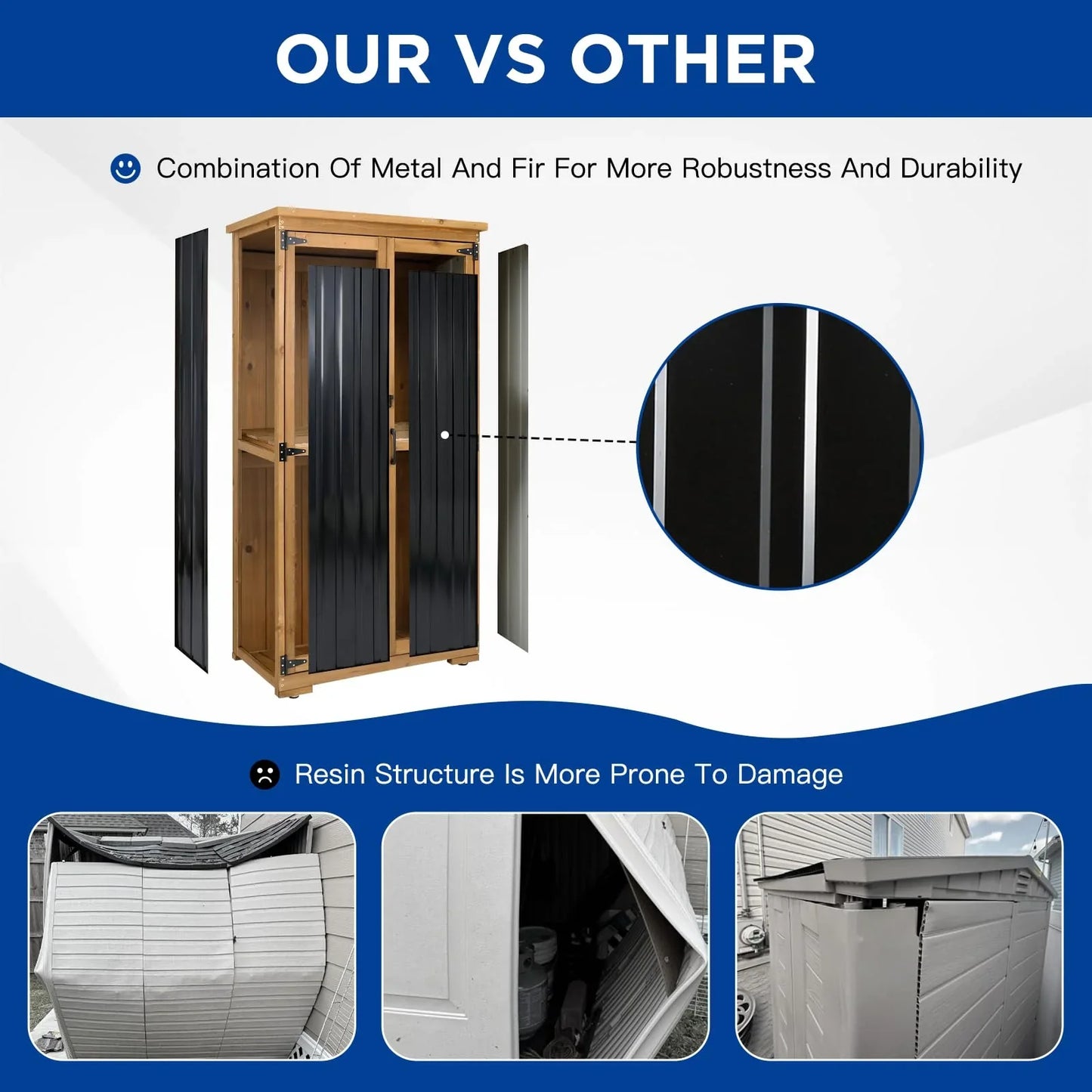 PETSCOSSET Outdoor Storage Cabinet Wood & Metal, Tall Tool Shed with Weatherproof, Double Lockable Doors, Removable 3 Shelves, Adjustable Feet for Patio, Garden, Backyard, Lawn