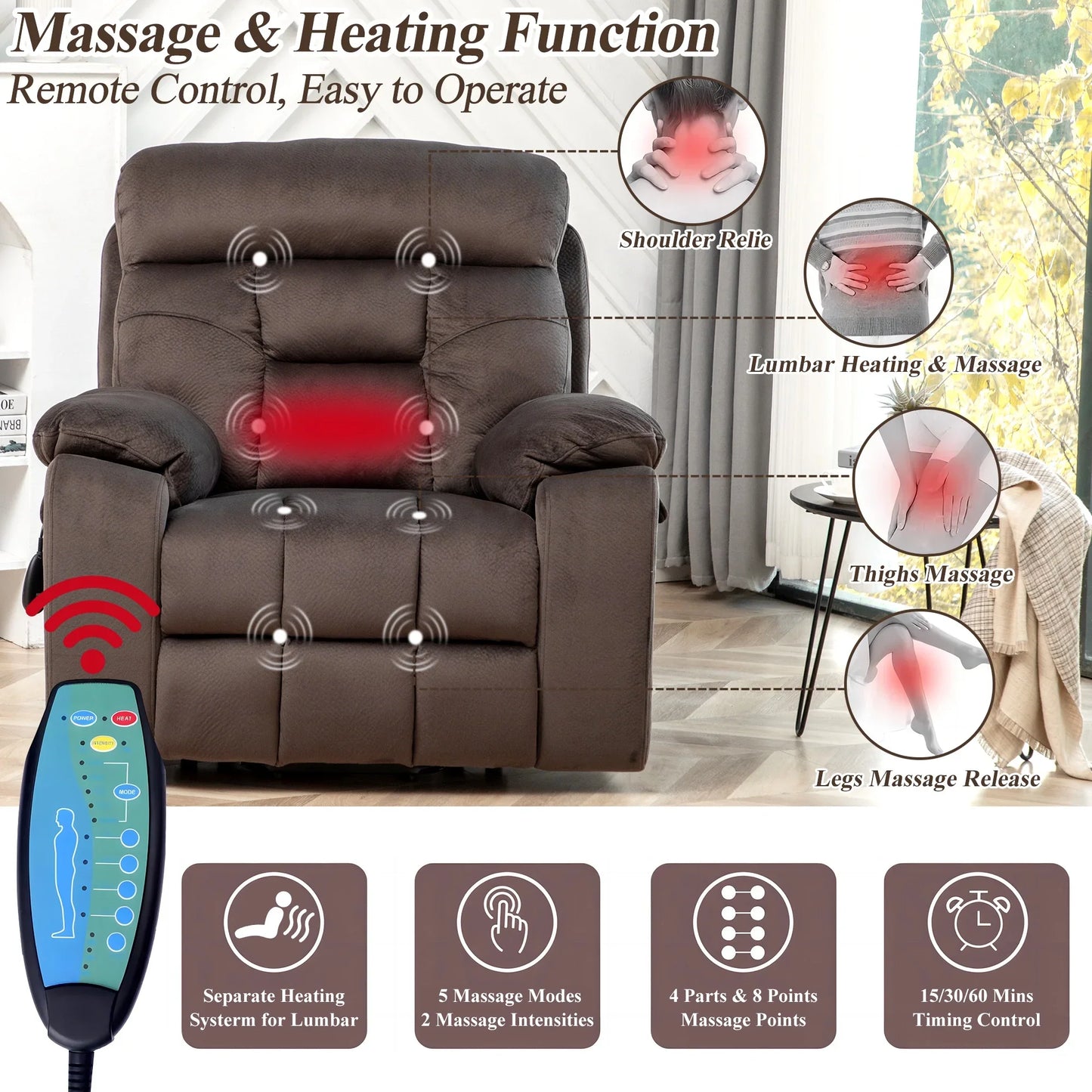 Lift Recliner Chair, 26in Wide Large Power Lift Chair Recliner for Elderly, Electric Lift Chair with Heat and Massage, Cup Holders and Side Pocket, Single Sofa Chair for Elderly, Brown
