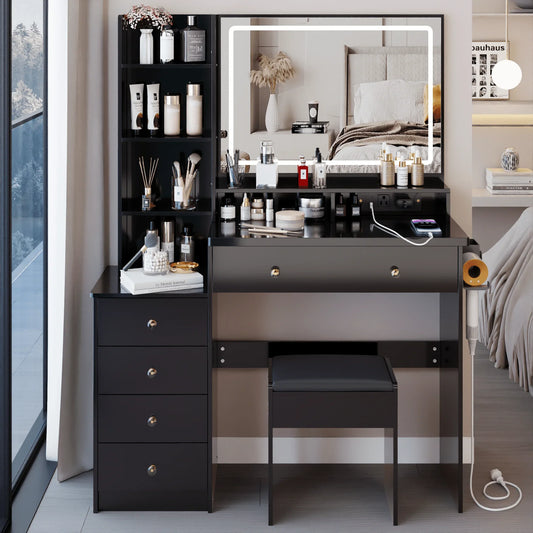 Vanity Set with Mirror and Lights, Modern 41" Lighted Makeup Vanity Table Set with Charging Station, Vanity Desk with Chair Set for Girls, Dressing Table with Drawers for Bedroom, Black