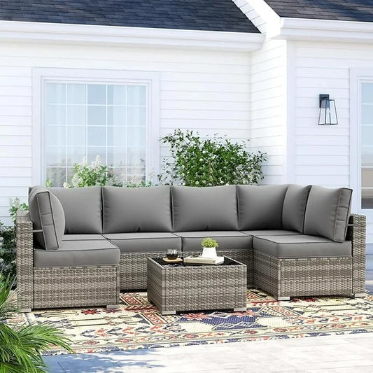 UDPATIO Patio Furniture Sets, Modular Rattan Outdoor Patio Sectional Furniture Sofa Set, Wicker Patio Conversation Set for Backyard, Deck w/Coffee Table, 7PC Grey/Grey (Include Sofa Cover)
