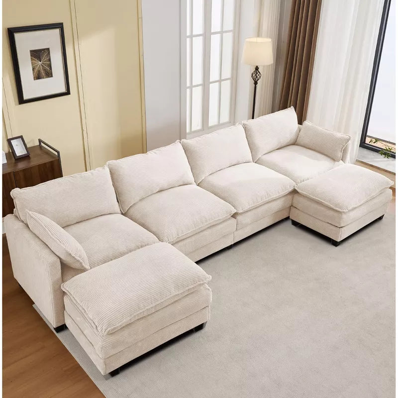 Hyleory Corduroy U-Shaped Sectional Sofa, 4-Seater Couch with 2 Movable Ottomans, Modular Living Room Furniture
