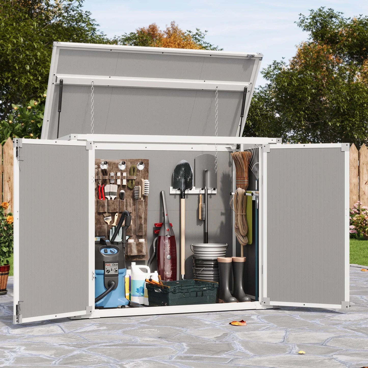 UDPATIO Outdoor Horizontal Storage Shed, 41 cu.ft Weatherproof Resin Storage Shed with Floor, for Trash Can Storage, Tools, Lawn Mower, for Patio, Grey