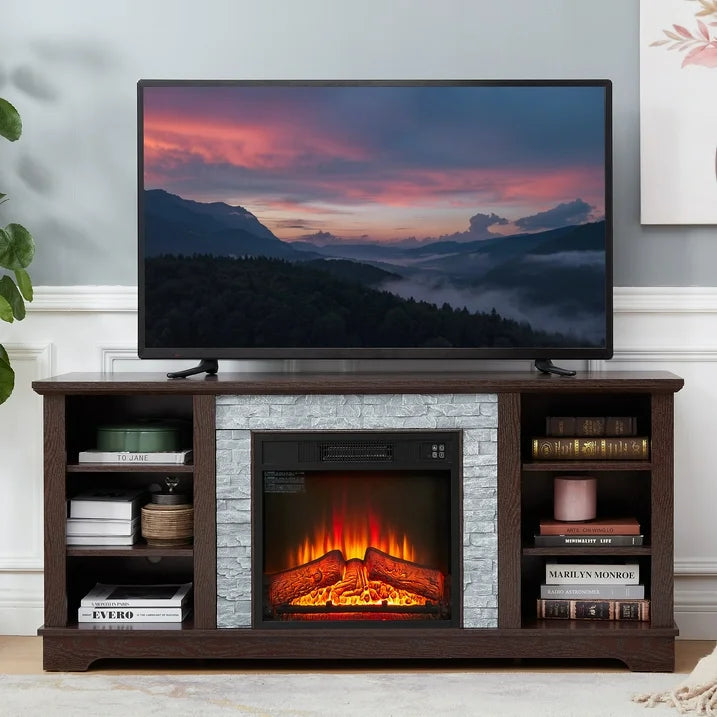 IMKHK Electric Fireplace TV Stand for 65" TVs, Farmhouse Entertainment Center with Faux Stacked Stone Surrounded for Living Room, Wood TV Console with Open Shelves, Remote Control Fireplace, Cherry