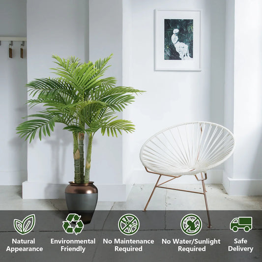 Anting 4FT Artificial Golden Cane Palm Tree 15Leaves Faux Triple Tropical Palm Plants with Pot for Gift Home Office Decor Green (Set of 2)