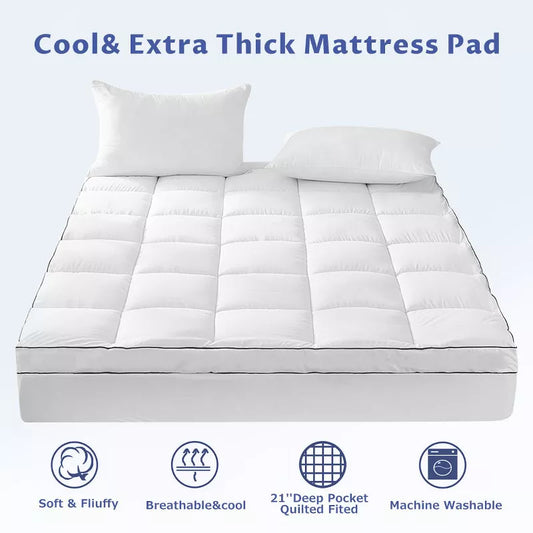 HYLEORY Extra Thick Mattress Topper, Cooling Mattress Pad Cover, 2  Mattress Topper