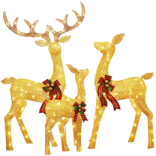 FOOWIN 3 Piece Large Christmas Deer Family, Lighted Outdoor Decoration, Gold