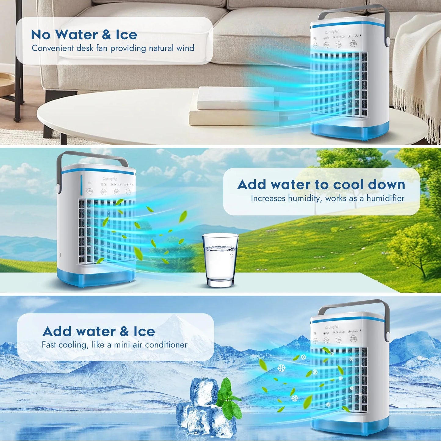 Uarter Portable Air Conditioners Cooling Fan Evaporative Cooler Desk Mini 4 Speed Misting Fan with 700ml Water Tank, 7 Color Ambient Light, Timing function, White