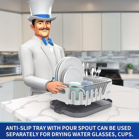 Dish Drying Rack for Kitchen Counter, Compact Dish Drainer with Drainboard, Utensil Holder and Cup Rack, Plastic Kitchen Drying Rack for Dishes, Cups, Knives, Spoons and Forks, White