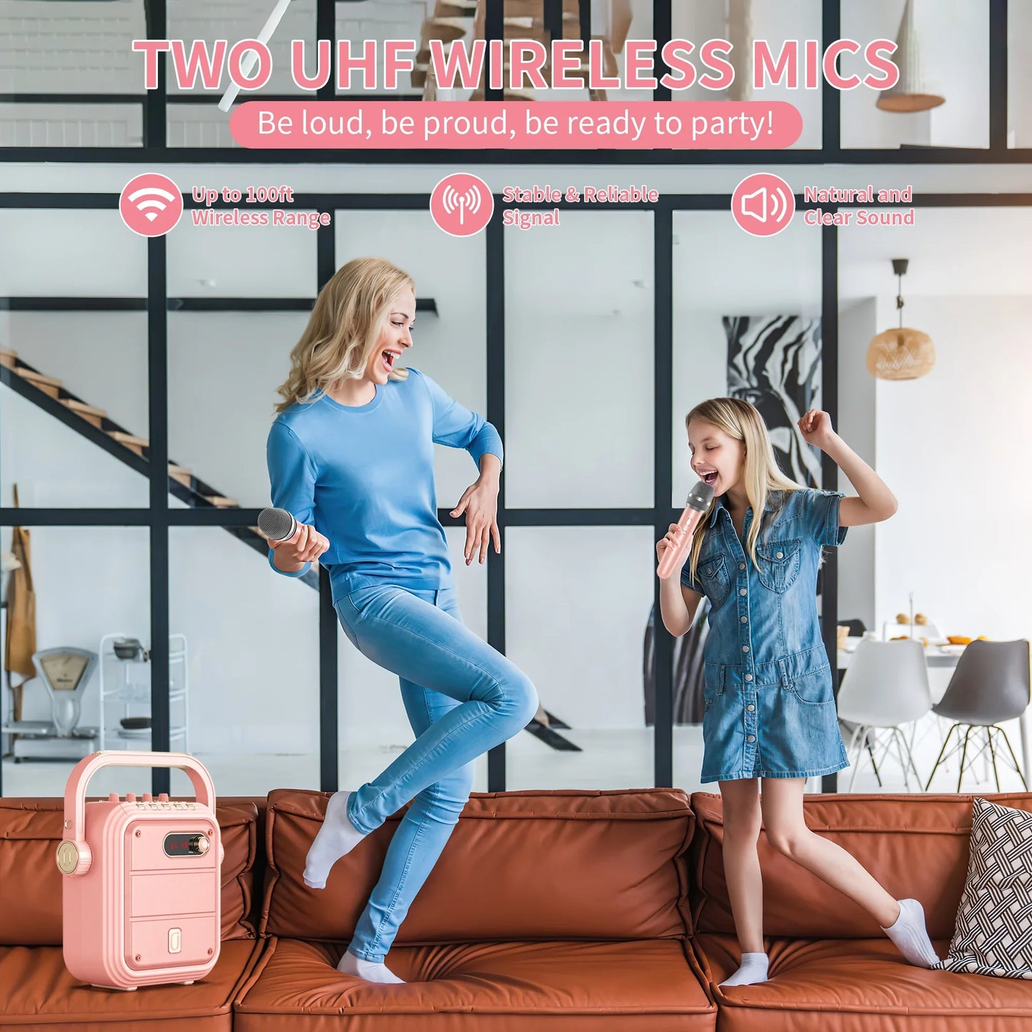 FanFun Karaoke Machine for Adult, 8 Sound Effects Pink Karaoke Speaker with Treble/Bass Adjustment, Bluetooth Speaker with PA System