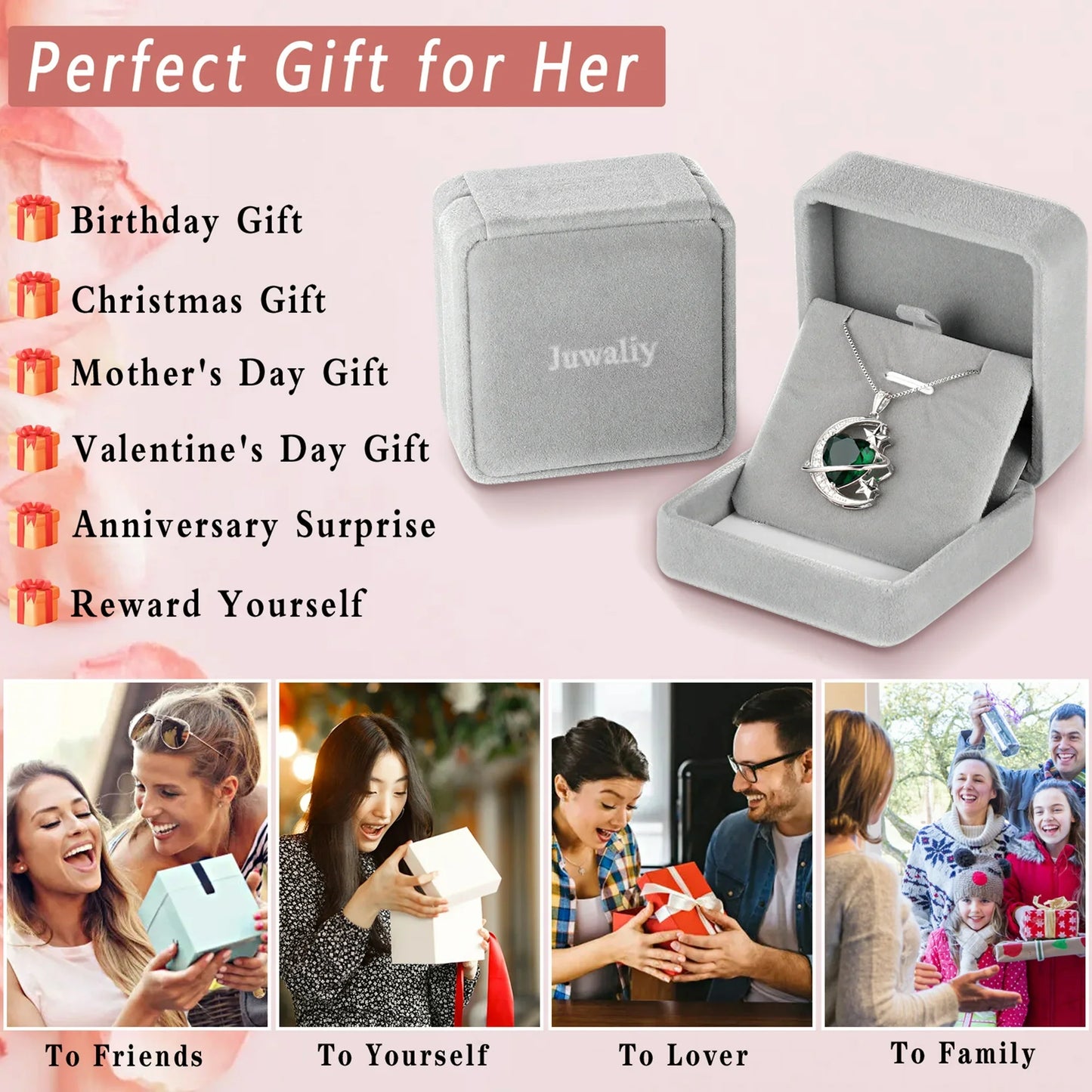 Juwaliy 13MM Women Moon Stars Necklace Heart September Birthstone 925 Sterling Silver Pendant Blue Sapphire Jewelry Birthday Mother's Day Gift