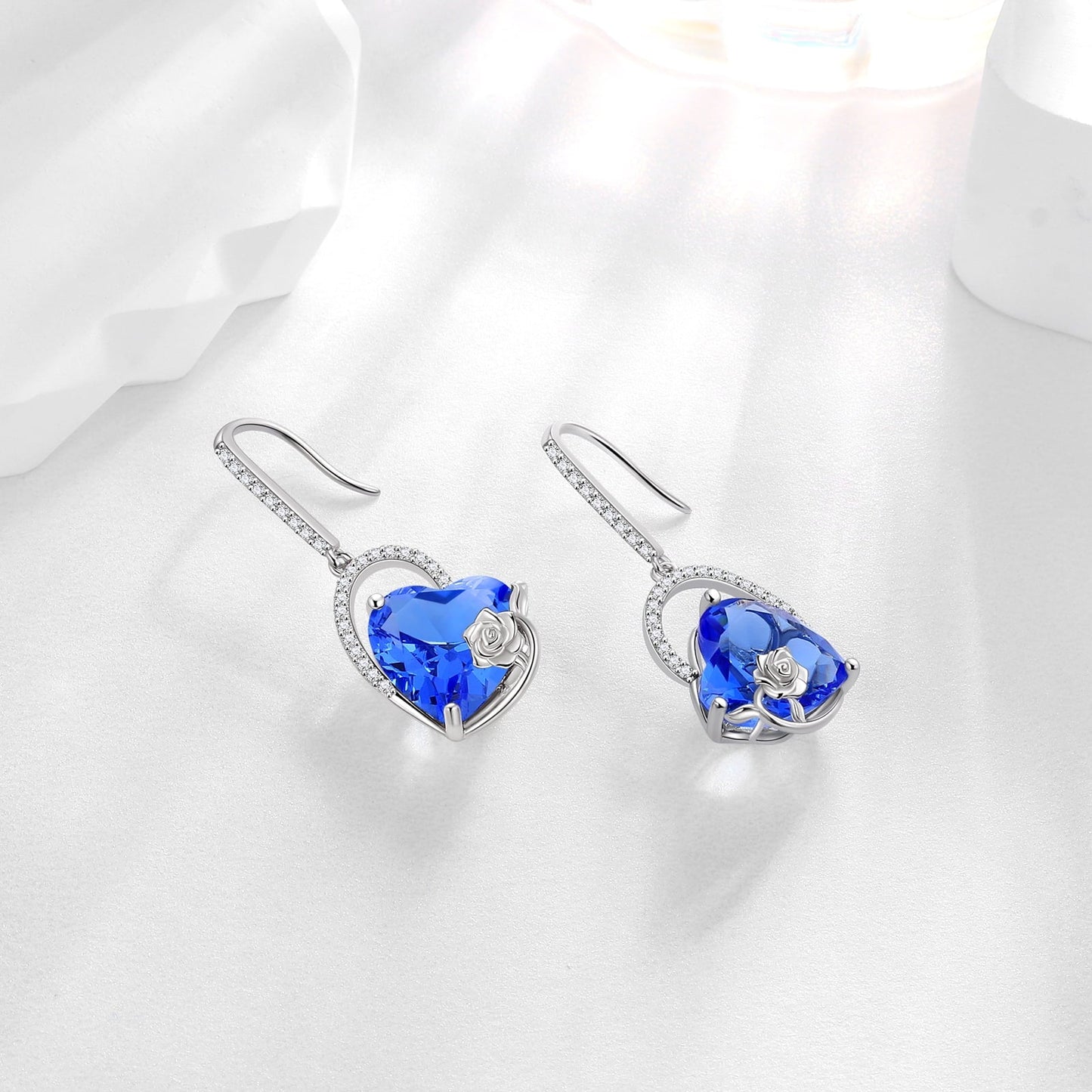 Juwaliy 925 Sterling Silver Earrings Women Heart December Birthstone Hook Dangle Earring Tanzanite Blue Rose Flower Jewelry Mother Birthday Christmas Gift