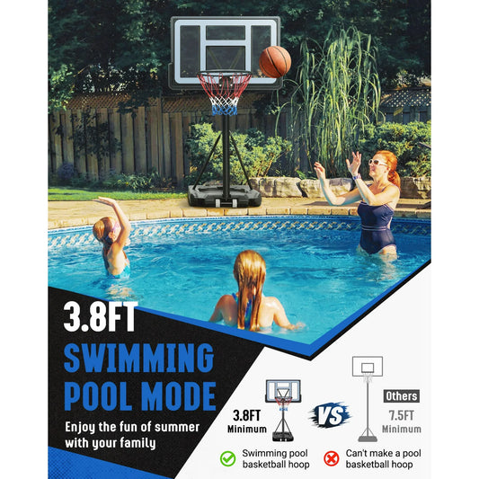 Seray Basketball Hoop with 44 inch Backboard and 2 Wheels, Basketball Hoop Outdoor 3.8-10 feet Adjustable Height for Kids/Adults Outdoor/Indoor Sports