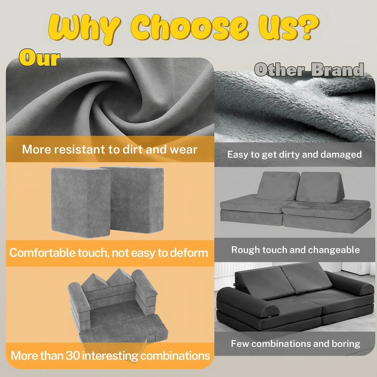 iYofe Kids Couch Sofa 12PCS, Convertible Nugget Kids Couch Chair to Recliner, DIY Creative Modular Kids Play Couch, Kid Floor Couch for Playroom, Gray