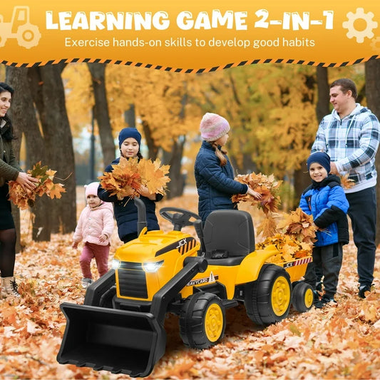 12V 2 in 1 Ride on Tractor Bulldozer Toys for Kids, Battery Powered Ride on Tractor with Remote Control, Trailer, Shovel Bucket, Digging Handle, Remote Control, Bright Headlight, Yellow