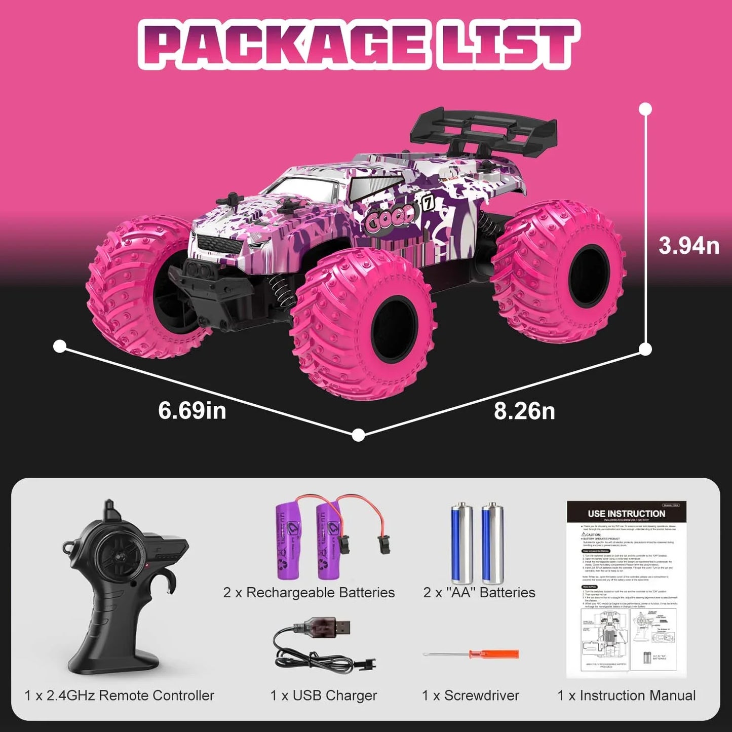 BEEPRINCESS Remote Control Car, 1:18 Scale All Terrain RC Cars, 2WD 20Km/h with Colorful LED Light and 2 Rechargeable Batteries, RC Monster Truck Off-road Racing Car Toys for Kids and Boys, Pink