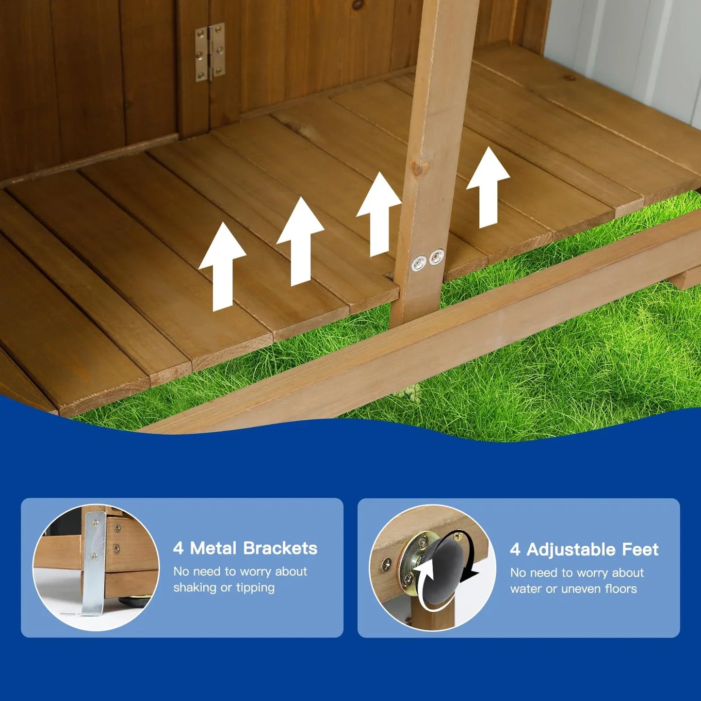 PETSCOSSET Outdoor Storage Cabinet Wood & Metal, Tall Tool Shed with Weatherproof, Double Lockable Doors, Removable 3 Shelves, Adjustable Feet for Patio, Garden, Backyard, Lawn