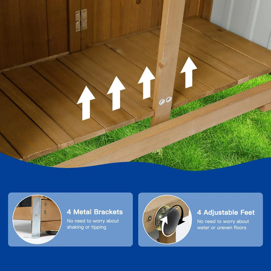 PETSCOSSET Outdoor Storage Cabinet Wood & Metal, Tall Tool Shed with Weatherproof, Double Lockable Doors, Removable 3 Shelves, Adjustable Feet for Patio, Garden, Backyard, Lawn