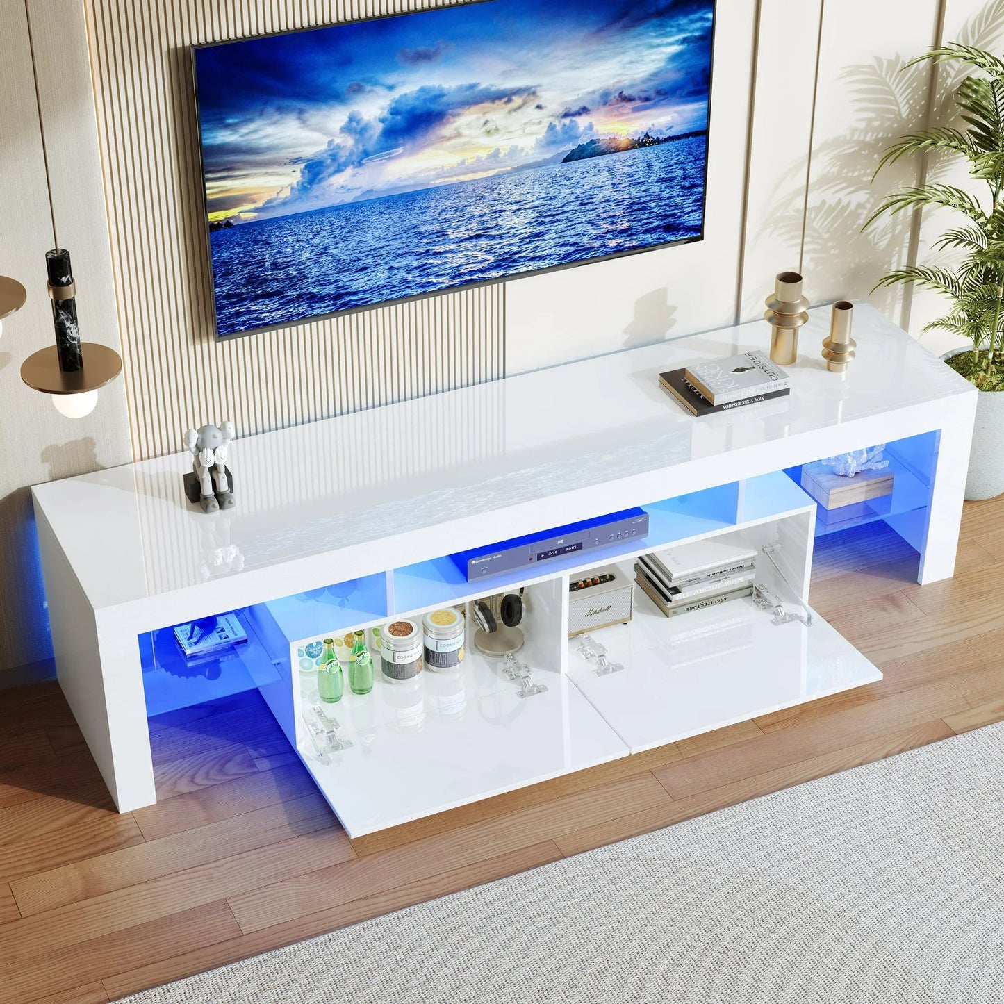 PAPROOS TV Stand for TVs up to 70", High Gloss TV Cabinet with LED Light, Modern TV Console Table with Storage Drawers, Media Television Stand Entertainment Center, White
