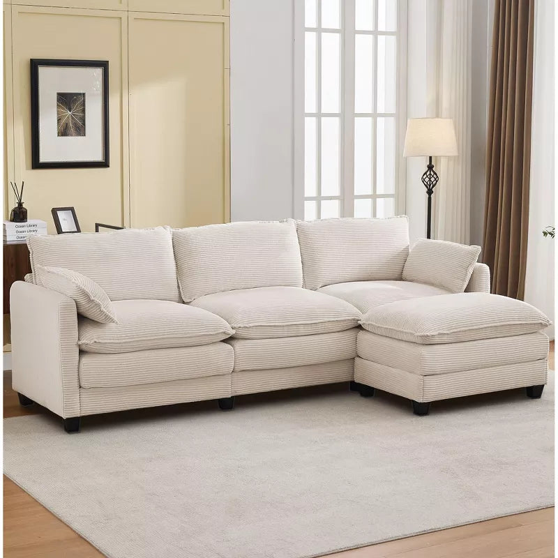 Hyleory Corduroy L-Shaped Sectional Sofa, 3-Seater Couch with Movable Ottoman, Modular Living Room Furniture for Apartments
