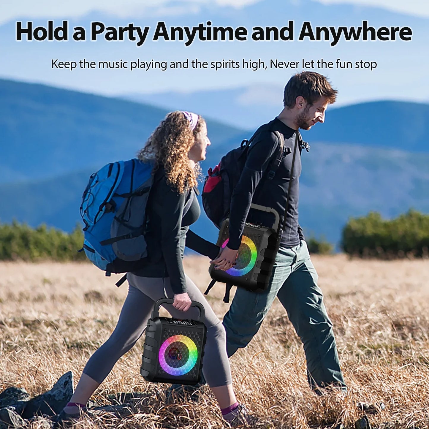 FanFun Portable Speaker, 20W Powerful Stereo Sound Party Speaker with DJ Lights, Bluetooth Speaker with 2 Microphones, Hands, Shoulder Straps, 12 H Playtime