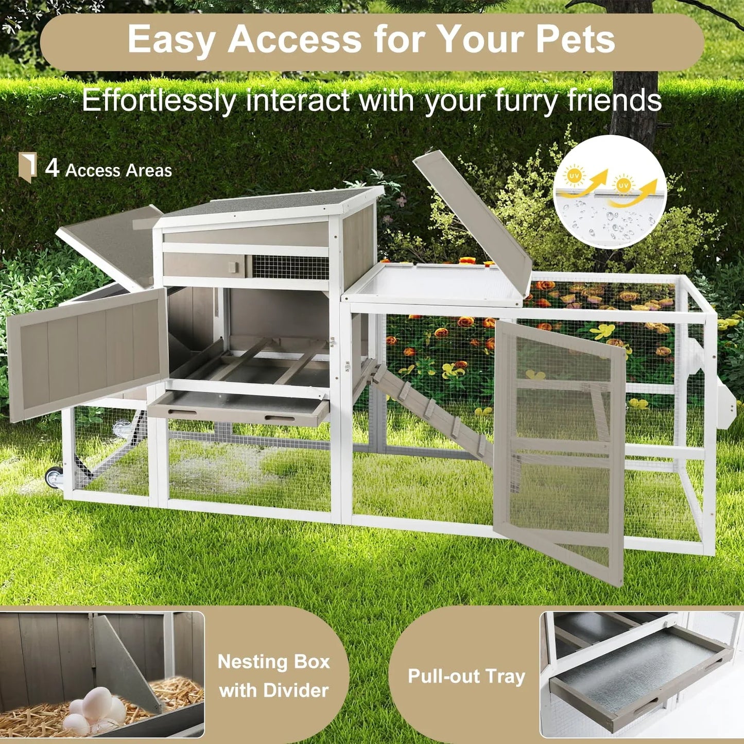 PETSCOSSET Chicken Coop Chicken House Outdoor with 3 Perches, Nesting Box and Removable Tray Hen House Rabbit Hutch Chicken Poultry Cage with Ramp Run for Garden Backyard