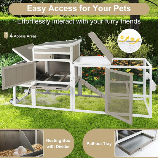PETSCOSSET Chicken Coop Chicken House Outdoor with 3 Perches, Nesting Box and Removable Tray Hen House Rabbit Hutch Chicken Poultry Cage with Ramp Run for Garden Backyard