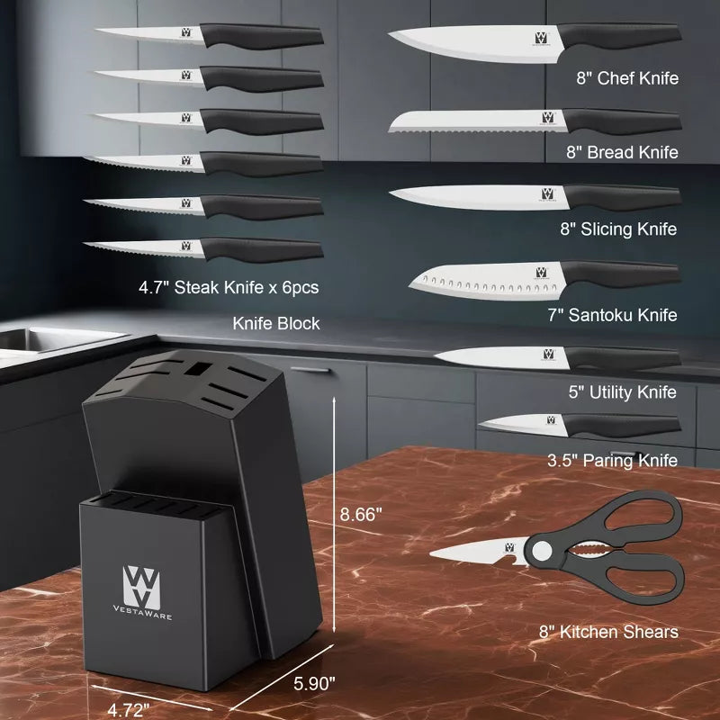 Knife Set, Vestaware 14 Pcs Kitchen Knife Set, Practical One-Piece Knife Block Set, Ultra Sharp Stainless Steel Knives Set Ergonomic Anti-slip Handle