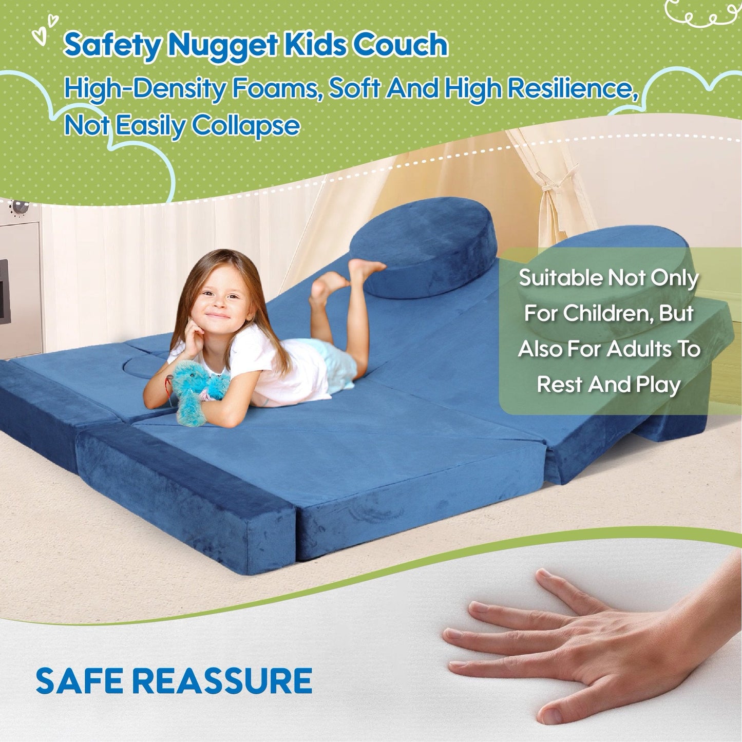 Sesslife 14 PCS Kids Sofa Couch, Foam Modular Kids Play Couch for Boys Girls, DIY Creativing Playroom Sofa, Modern Convertible Floor Sofa for Toddlers Room, Bedroom, Blue