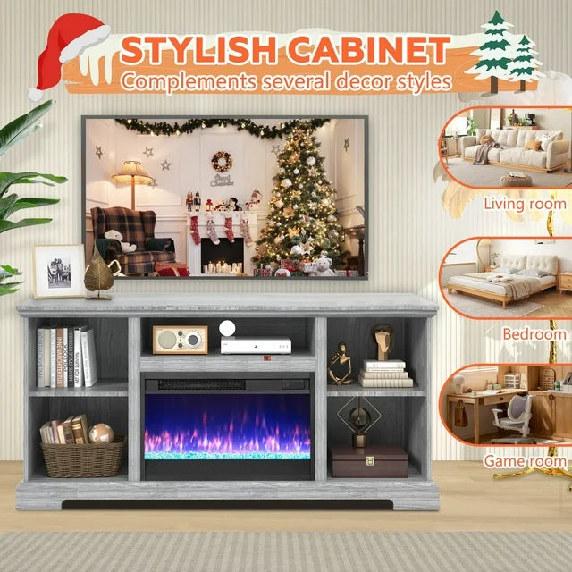 IMKHK Fireplace TV Stand for TVs up to 60", Farmhouse TV Console Table with Storage Shelves and Remote Control, Media Entertainment Center with 23" Electric Fireplace for Living Room Bedroom, Gray