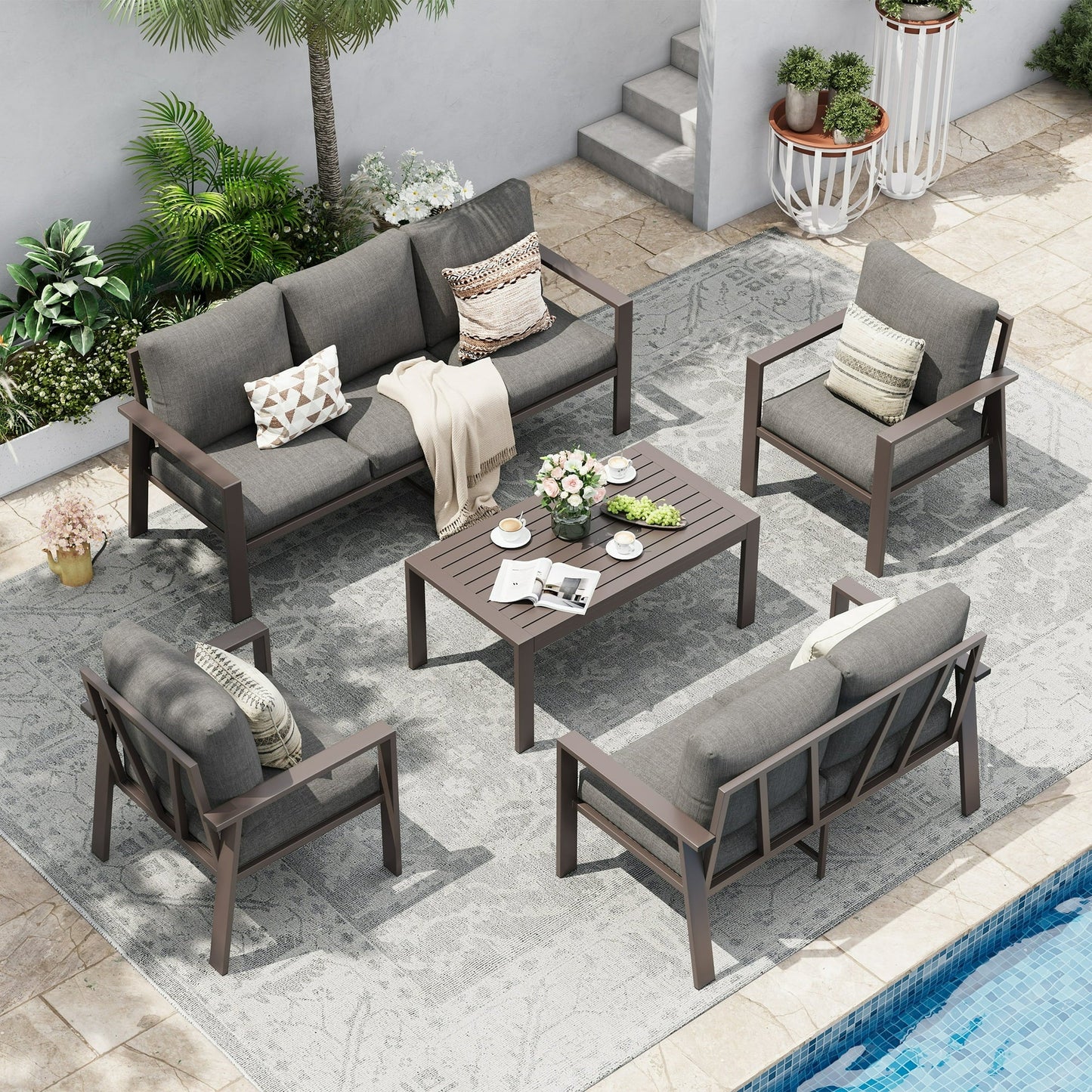 UDPATIO Aluminum Patio Furniture Set, Contemporary Outdoor Couch Set, Aluminum Patio Conversation Set, Gray