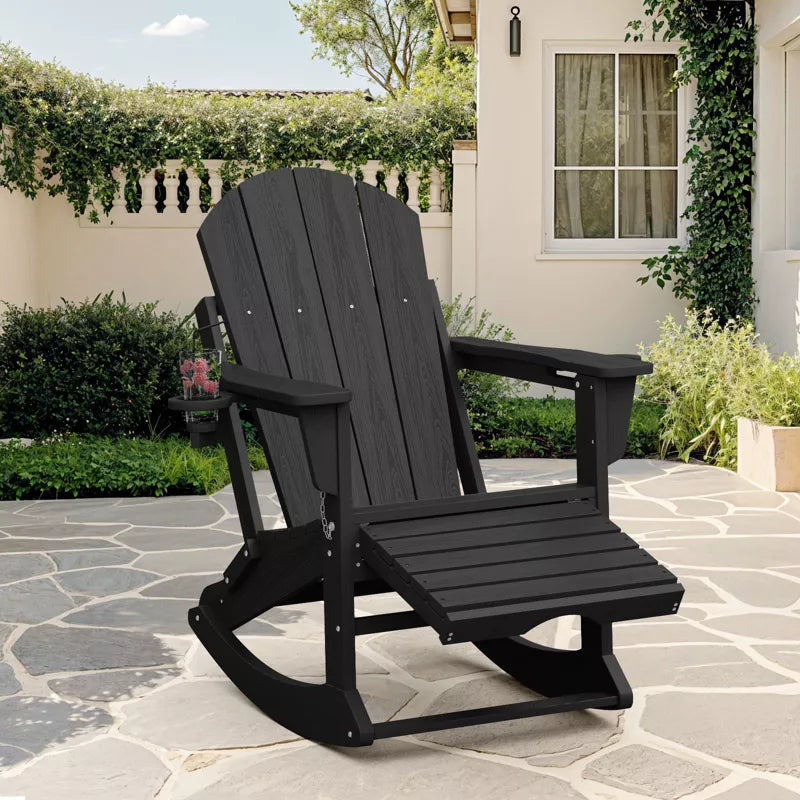 Adirondack Rocking Chair with Retractable Ottoman and Cup Holder, All Weather HDPE Folding Adirondack Chair,Fire Pit Chair for Porches, Patios