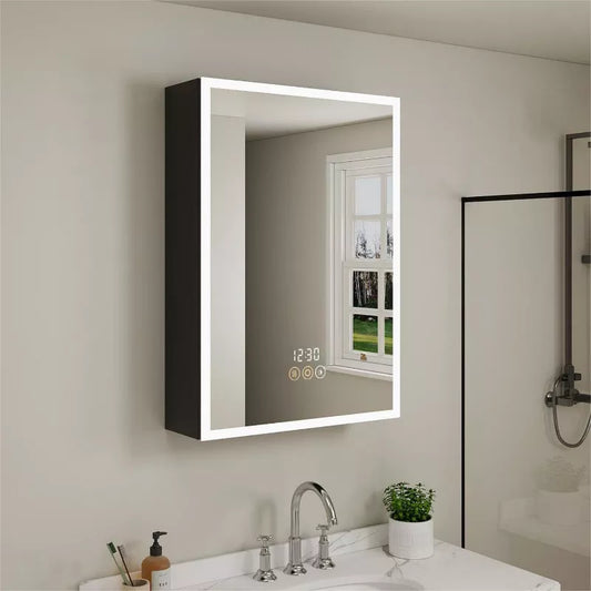 HBEZON Medicine Cabinet with Mirrors and Lights, Recess/Wall Mount Bathroom Cabinet, 3 Mode Light, Dimmable, Sensor Light, Defogger, Clock Temp, Black