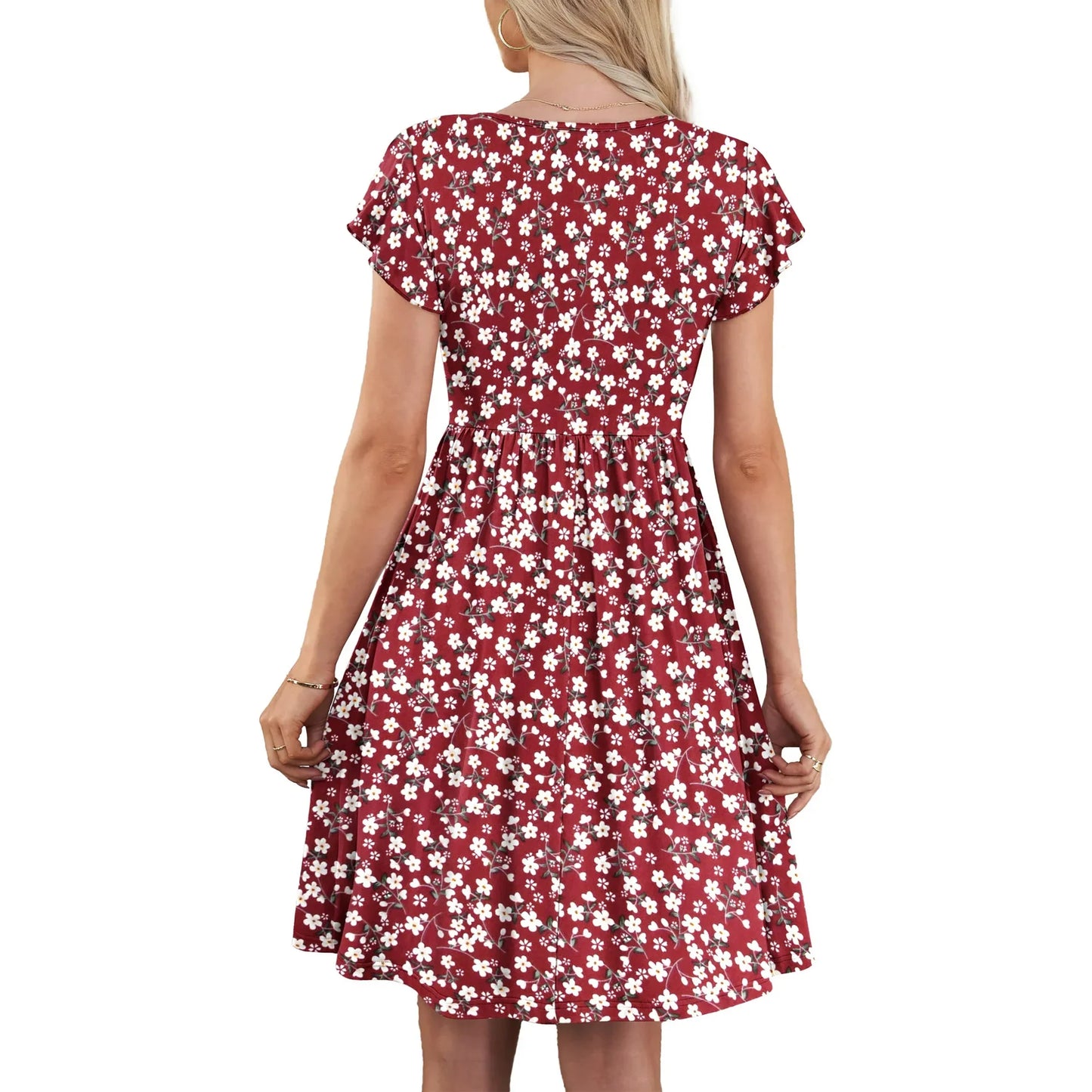 Fantaslook Women Summer Dresses V Neck Ruffle Sleeve Casual Flowy Sundresses Button Floral Midi Dress with Pockets