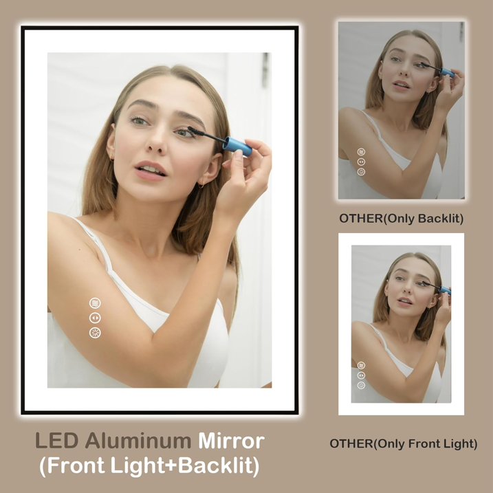 Swafrrt 20 X28 Anti fog LED Lighted Bathroom Wall Mirror with Black Frame, Dual Light Source and Three Lighting Modes, Shatterproof, Memory