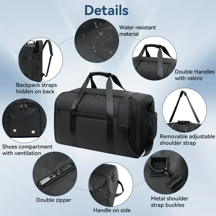 HONEIER Garment Duffle Bags for Travel 4 in 1 Waterproof Travel Suit Bag with Shoulder Strap Convertible Garment Bag with Shoe Compartment for Men Women, Carry On Luggage Bags Gym Bag, Black, 55L